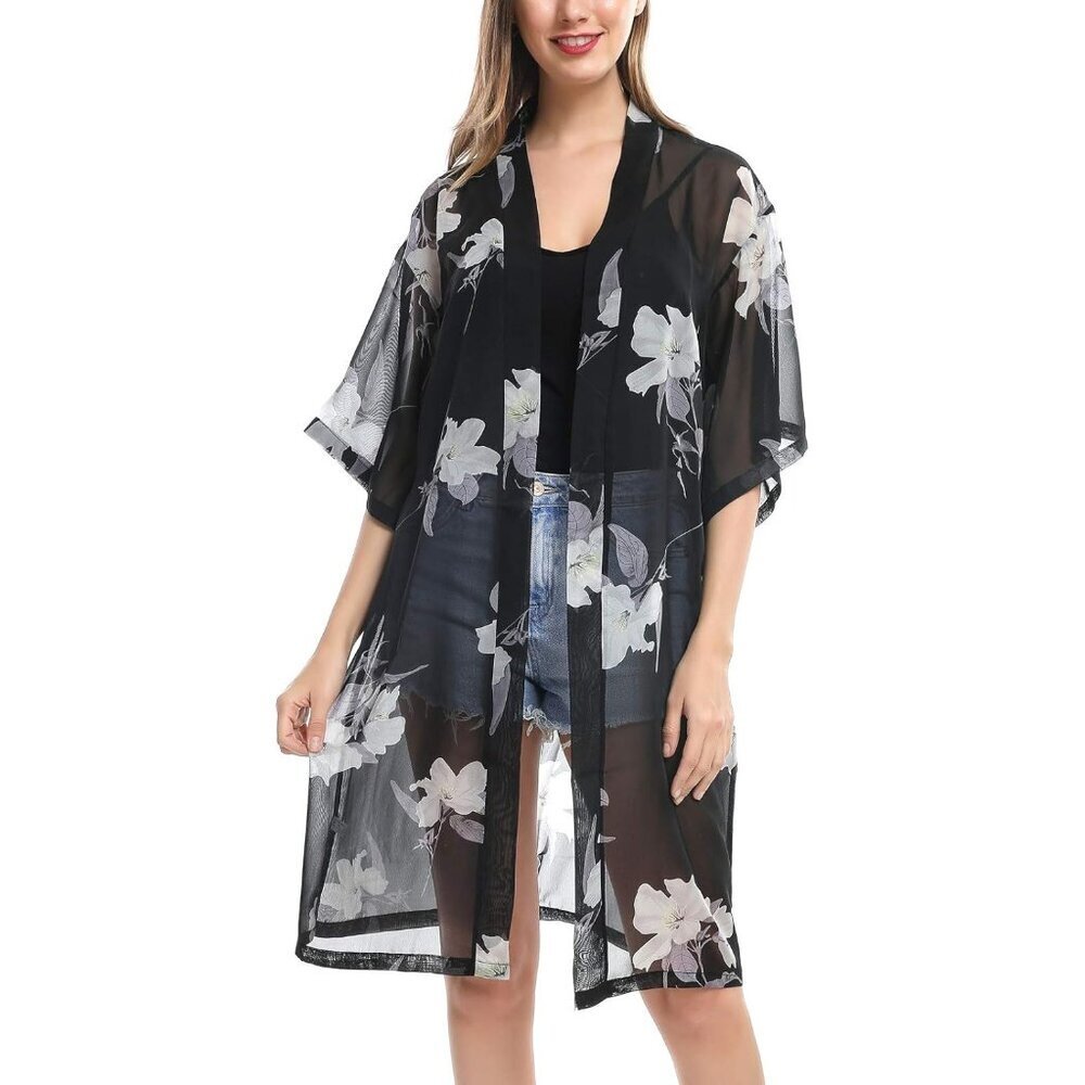 Women White Chiffon Kimono Bathing Suit Cover Up Open Front Summer Dress